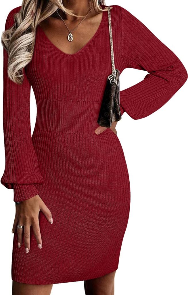 Sidefeel Womens 2024 Winter Ribbed Knit Sweater Dress Casual Long Sleeve Fall Dresses Sexy V Neck Bodycon Mini Dress