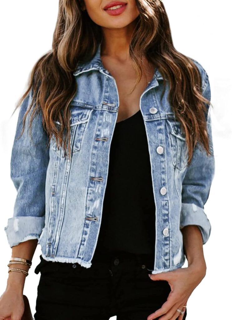 Sidefeel Women's Denim Jacket Long Sleeve Button Distressed Ripped Jean Coat