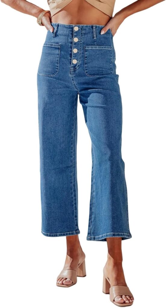 Sidefeel Women's Wide Leg Jeans High Waisted Stretchy Straight Leg Jeans Buttoned Loose Denim Pants with Pocket