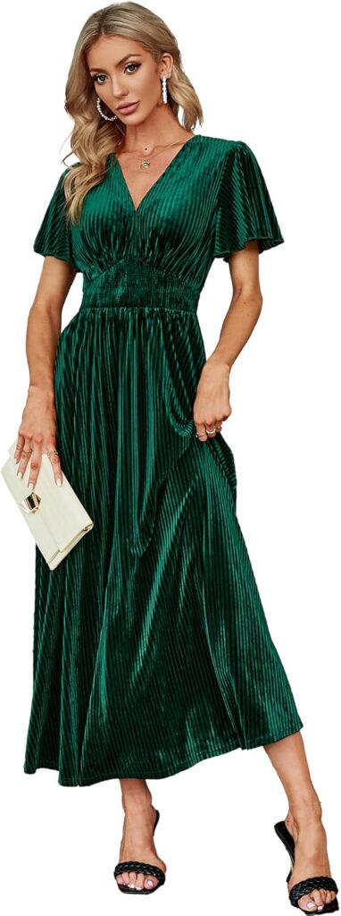 Simplee Women’s V Neck Velvet Maxi Dress Short Sleeve Empire Waist Long Formal Dress for Wedding Guest