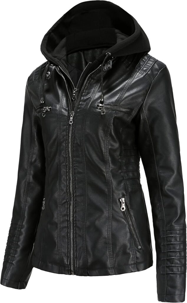 Tagoo Faux Leather Jacket Women Motorcycle Coat for Biker with Removable Hood Plus Size