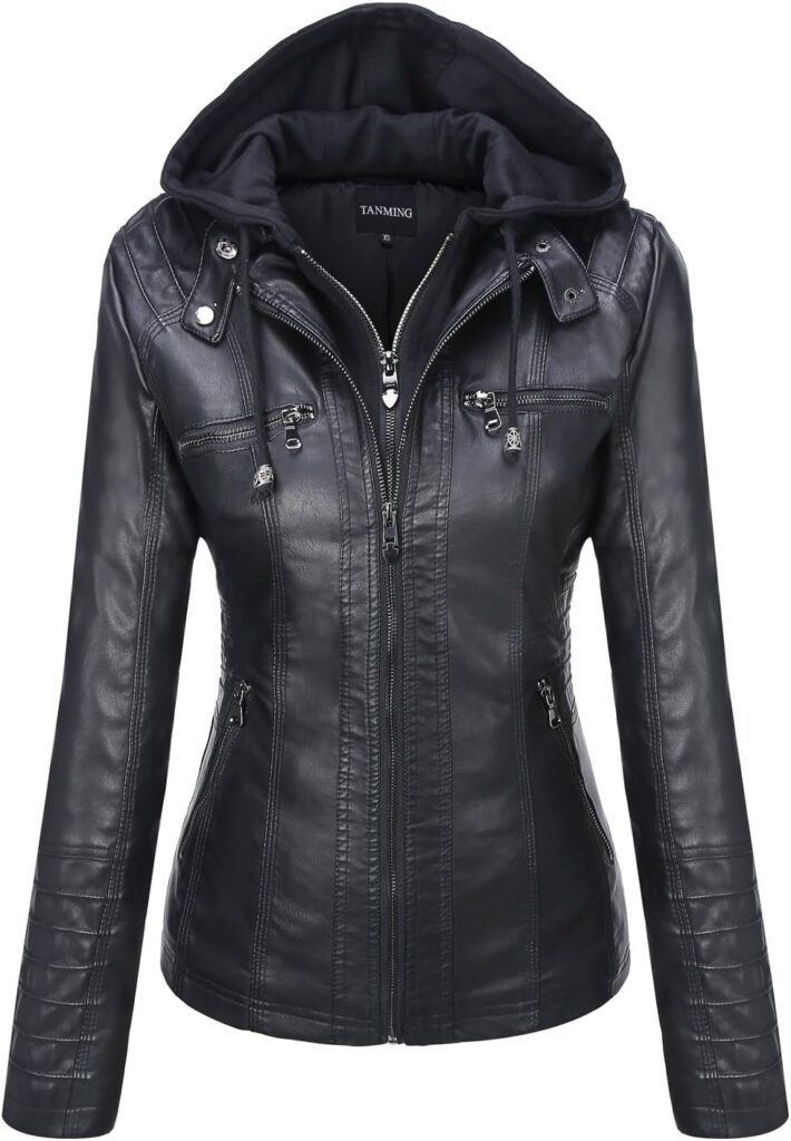 Tanming Women's Removable Hooded Faux Leather Jackets