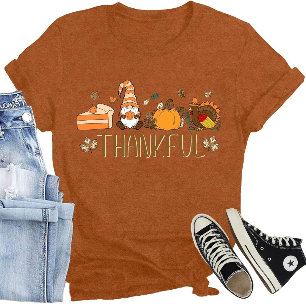 Thanksgiving Shirt for Women Thankful T-Shirt Funny Cake Gnome Pumpkin Turkey Tee Tops Cute Fall Shirt