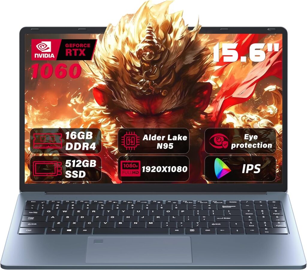 Ultra-Slim 15.6'' FHD Gaming Laptop, In tel N95, Nvidia GTX 1060 4GB,16G RAM 512G SSD, Win 11 Pro – High-Performance Notebook with HDMI, Type-C, RJ45 Ethernet, Wi-Fi, BT, Backlit KB,Fingerprint