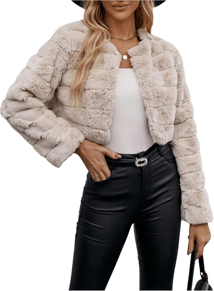 Verdusa Women's Faux Fur Cropped Jacket Solid Open Front Long Sleeve Outerwear Flannel Fuzzy Crop Coat