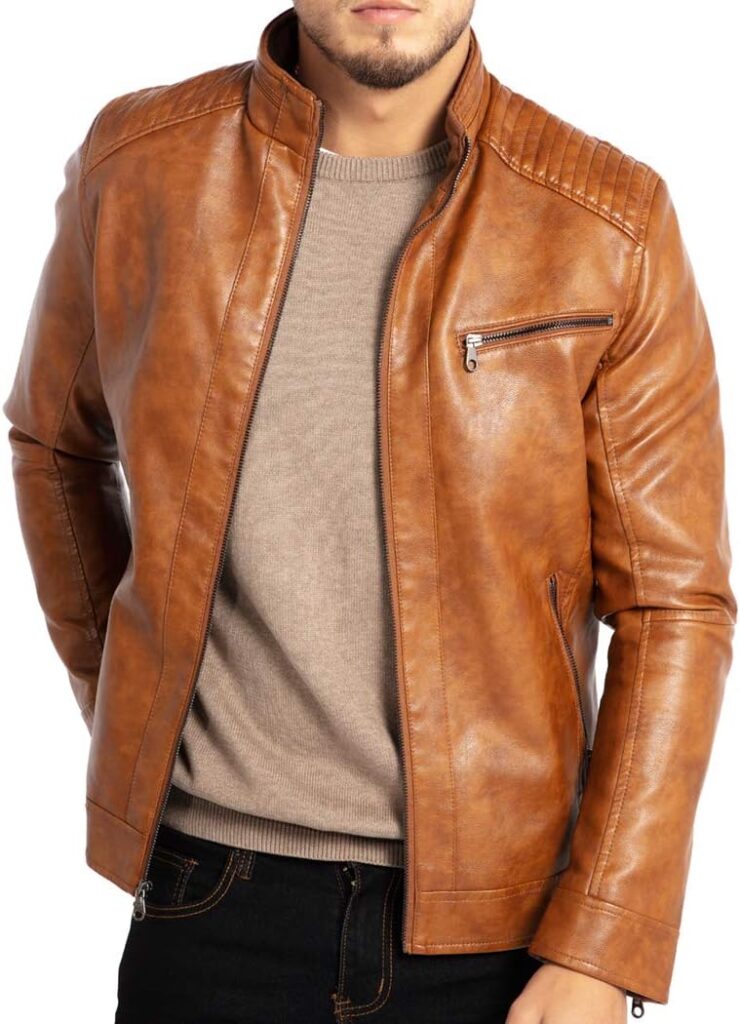 WULFUL Men's Stand Collar Leather Jacket Motorcycle Lightweight Faux Leather Outwear