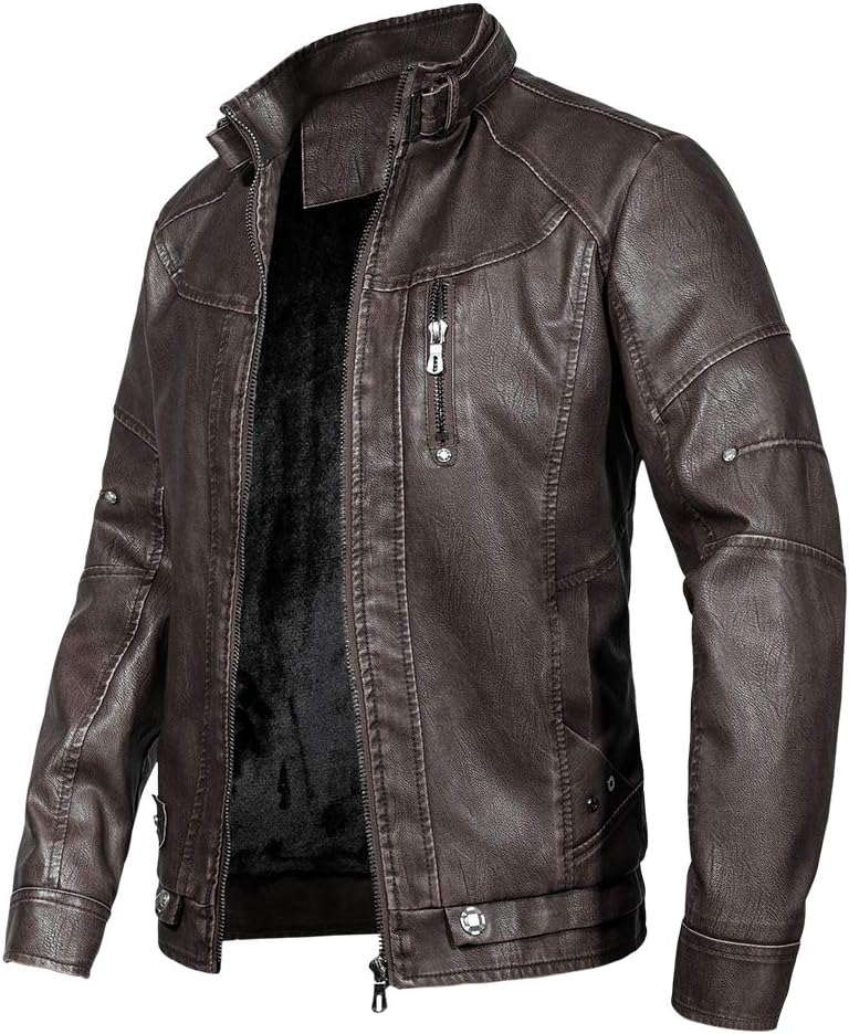 WULFUL Men's Vintage Stand Collar Leather Jacket Motorcycle PU Jacket and Coat