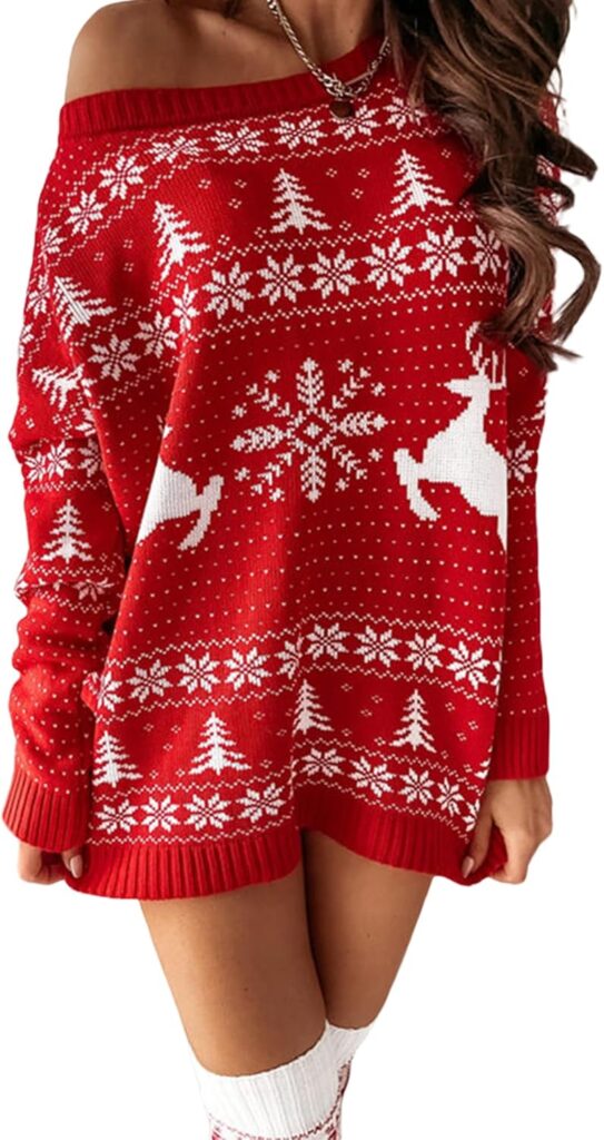 Women Christmas Sweater Dress Long Sleeve Crewneck Jumper Sweater Xmas Ugly Reindeer Pullover Knitwear Tops