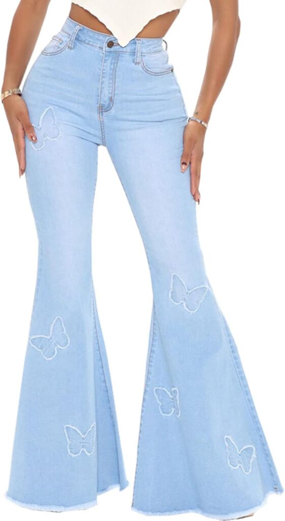 Women's Butterfly Bell Bottom Jeans Elastic High Waisted Embroidered Classic Flareed Jeans Raw Hem Denim Pants with Pocket