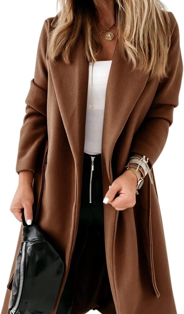 Womens Classic Coat Lapel Collar Open Front Belted Long Jacket