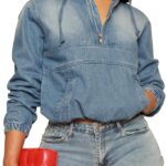 Women's Half Zip Denim Hoodie Pullover Jacket Jean Tops