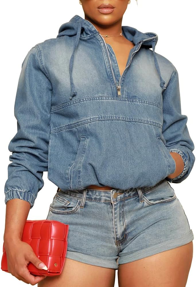 Women's Half Zip Denim Hoodie Pullover Jacket Jean Tops