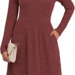 Women's Knit Textured Sweater Dresses Long Sleeve Loose Casual Pleated Fall Dress with Pockets