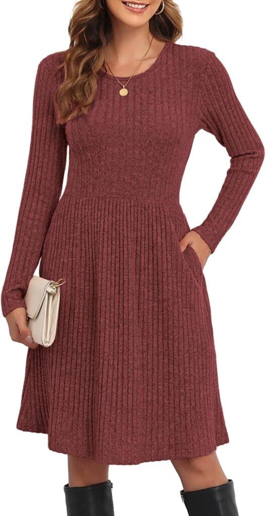 Women's Knit Textured Sweater Dresses Long Sleeve Loose Casual Pleated Fall Dress with Pockets