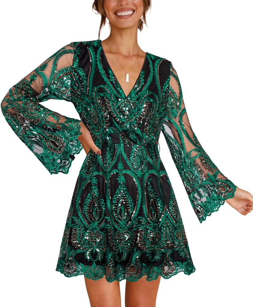 Women's Sequin Dress Long Sleeve Deep V Neck Embroidery Event Party Cocktail Mini Skater Dresses