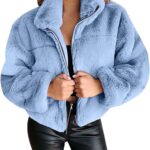 Womens Teddy Cropped Faux Fur Jacket Furry Lapel Coat Zip Up with Pockets Warm Winter