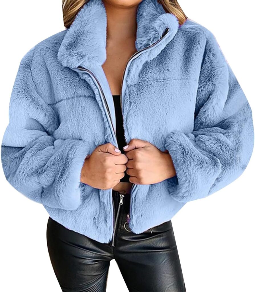 Womens Teddy Cropped Faux Fur Jacket Furry Lapel Coat Zip Up with Pockets Warm Winter