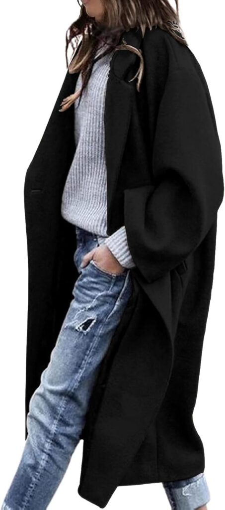 Women's Winter Wool Coat Notch Lapel Single Breasted Casual Mid Long Pea Trench Coat