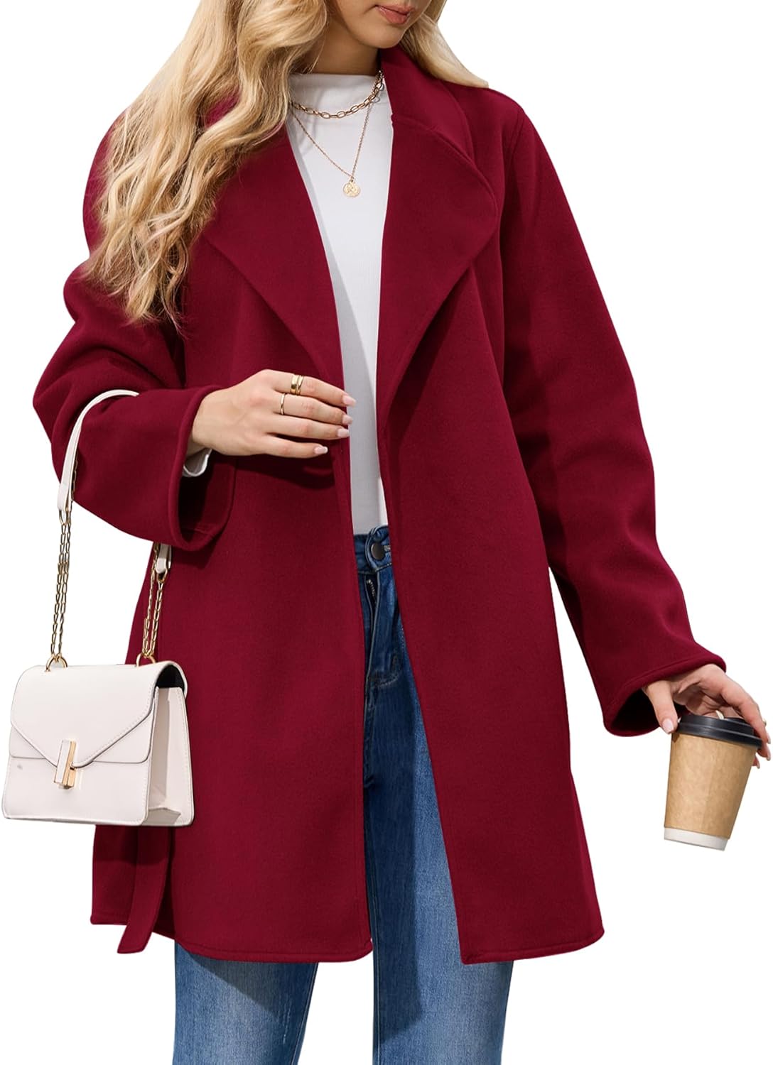 Women's Wool Blend Coat with Pockets Mid-Long Winter Overcoat, Thick Wool & Pea Coats jacket with Belt