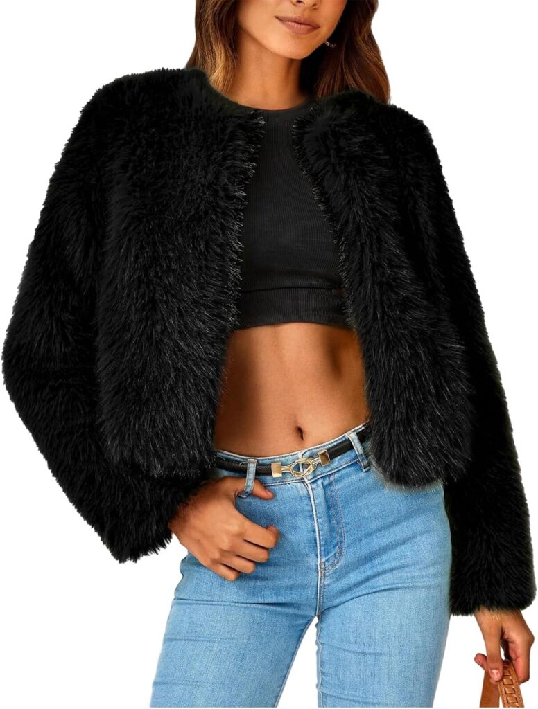 Wyeysyt Women's Cropped Faux Fur Jacket Winter Fashion Long Sleeve Open Front Cardigan Fluffy Shaggy Warm Short Coat