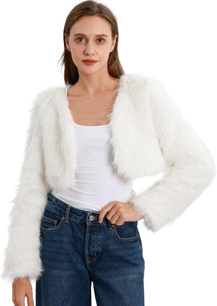 Xintianji Womens Faux Fur Cropped Jacket - Open Front Long Sleeve Winter Fuzzy Fleece Coat