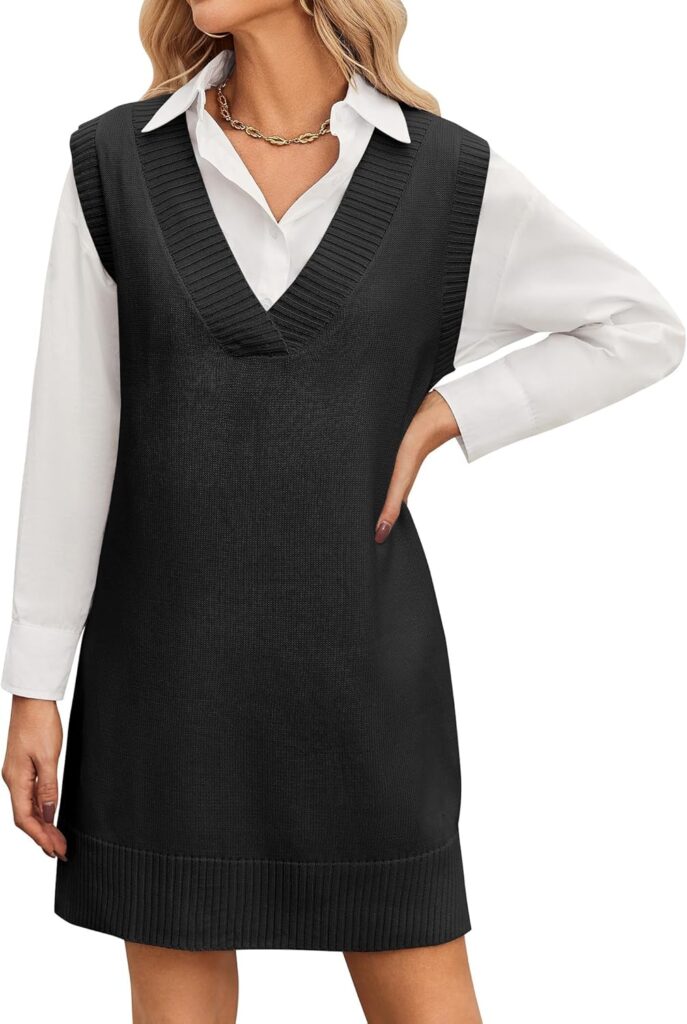 Zeagoo Women's Oversized Sweater Vest Dress V Neck Knit Pullover Sweater Vest Sleeveless Sweater Loose Casual Vest Dress