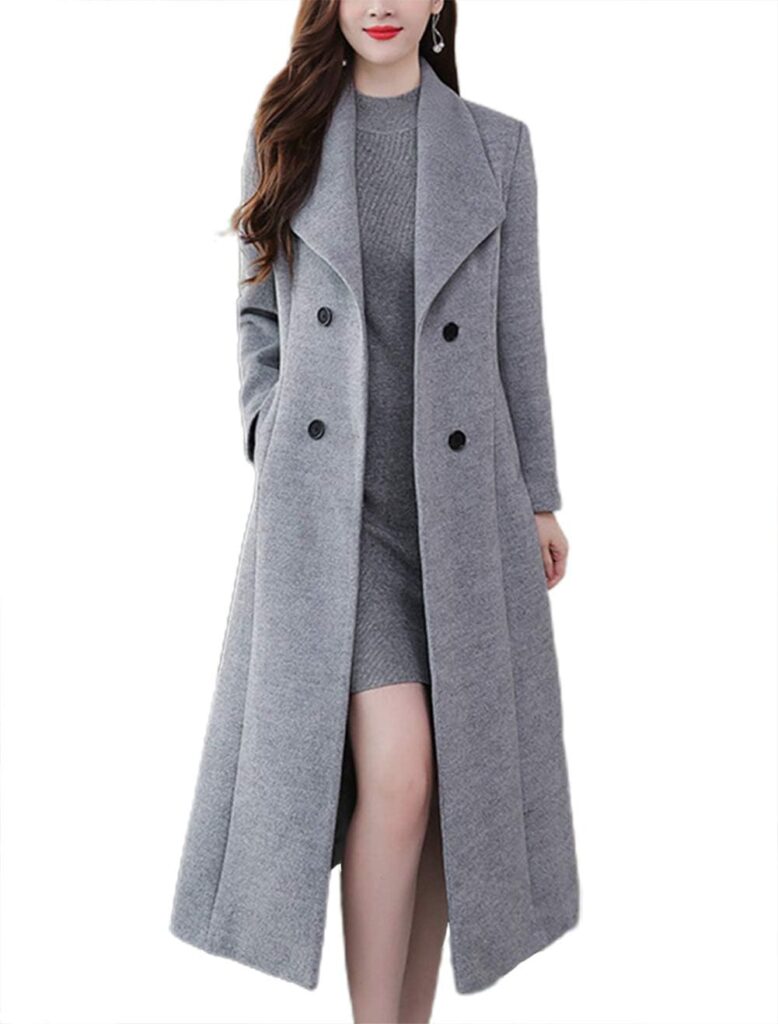 chouyatou Women's Chic Shawl Collar Work Double Breasted Maxi Long Wool Pea Coat