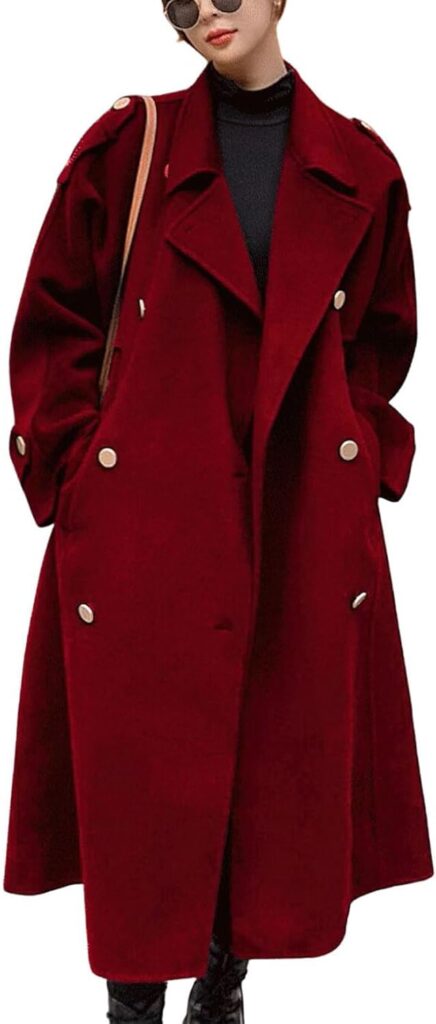 chouyatou Women's Winter Double Breasted Midi Long Wool Pea Coat Notch Lapel Winter Trench Coat