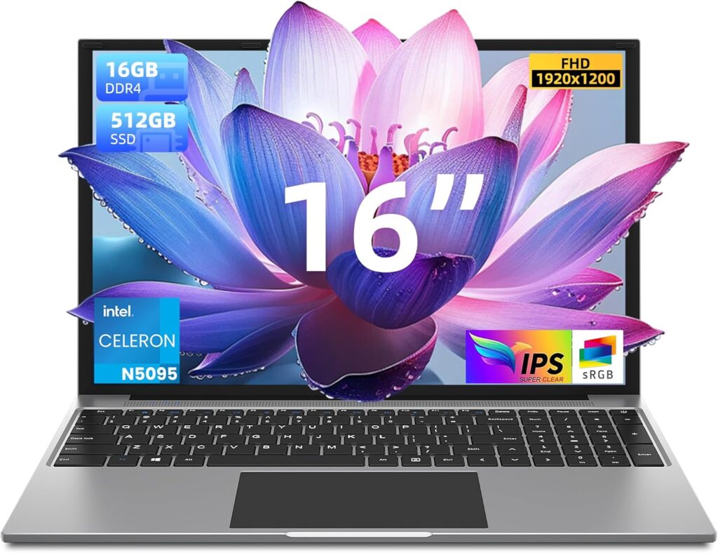 jumper Laptop, Quad Core N5095 CPU, 16GB RAM 512GB SSD, Laptop Computer with FHD IPS 1200P Display, 38WH Battery, Cooling System, Numeric Keyboard, 4 Speakers, Poratable Business 16 Inch Laptops.