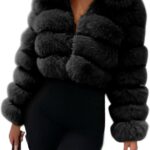 loveimgs Women Fluffy Faux Fur Coat Cropped Jacket Puffer Jacket Zip Up Winter Warm Fuzzy Teddy Jacket