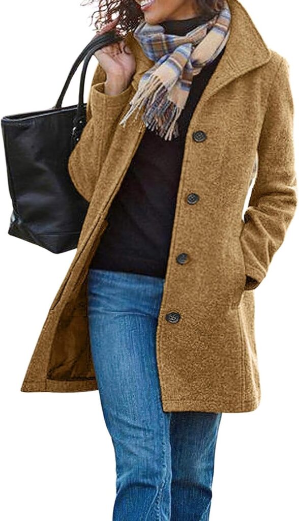 utcoco Women's Casual Thicken Single Breasted Pea Coat Stand Collar Mid Long Wool Coats with Pockets