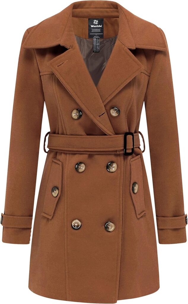 wantdo Women's Double Breasted Pea Coat Winter Mid-Long Trench Coat with Belt