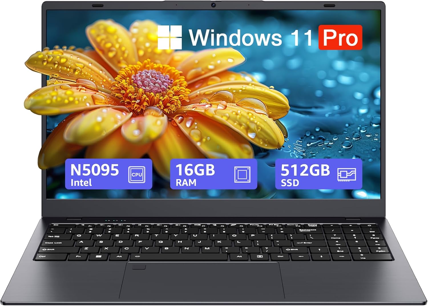 15.6-inch Windows 11 Laptop, 16GB RAM, 512GB SSD, FHD IPS Display Laptop Computer, Intel N5095 Quad Core, 2.4/5G WiFi, BT4.2 Backlit and Fingerprint, Lightweight and Portable