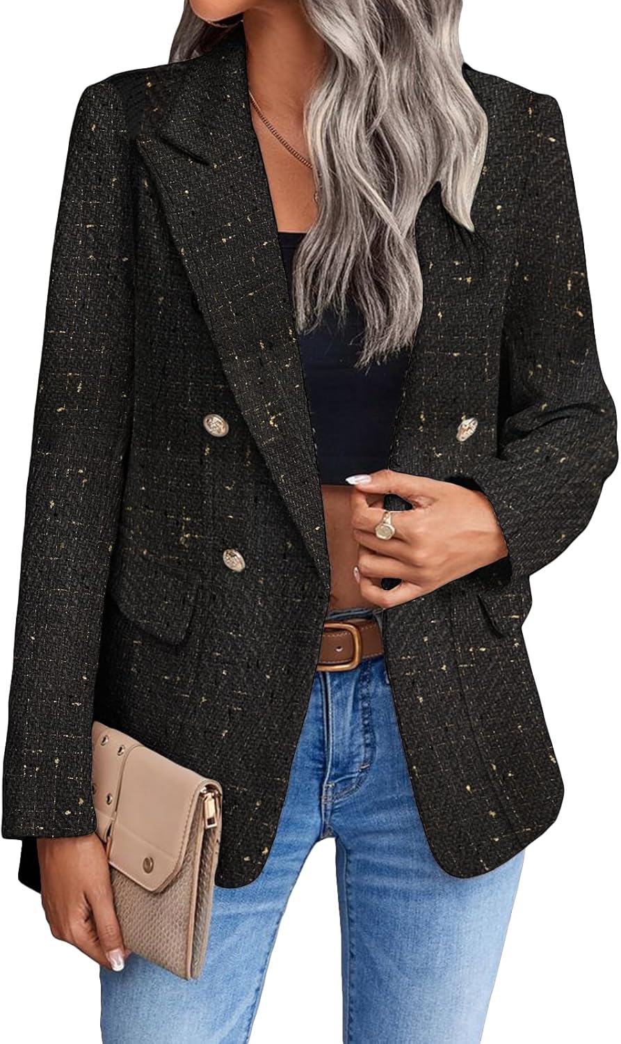 2025 Women's Tweed Blazer Jacket Plaid Fully-Lined Warm Fashion Business Casual Elegant Plaid Coat with Pockets