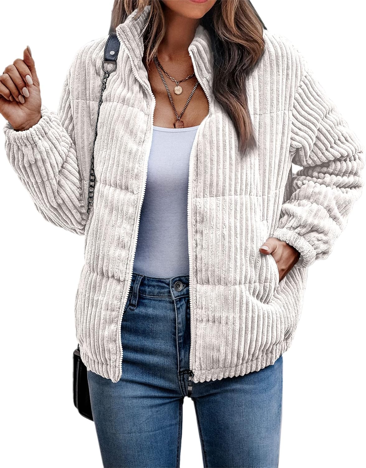 Angashion Women's Bomber Jacket Corduroy Ribbed Quilted Zip Up Long Sleeve Winter Coat Fall Outerwear Tops with Pockets