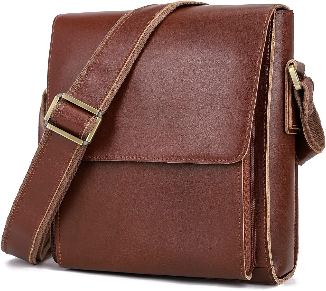 Augus Leather Messenger Shoulder Crossbody Bag for Men Work Business Vintage Magnetic Buckle Big Capacity Adjustable straps