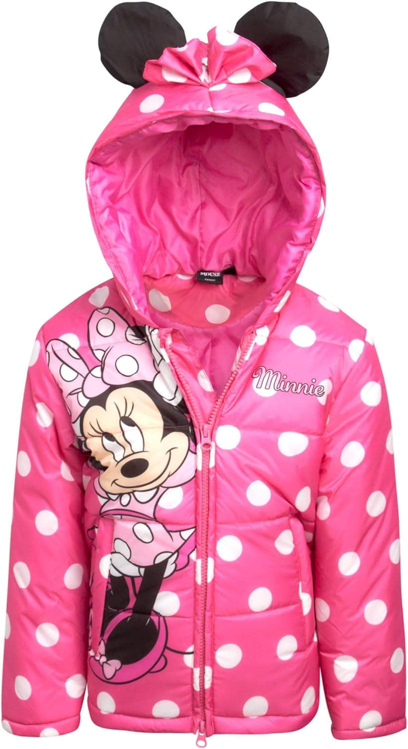 Disney Girls' Puffer Jacket – Minnie Mouse, Lilo & Stitch Full Zip Up Hooded Bubble Puffer Jacket (2T-7)