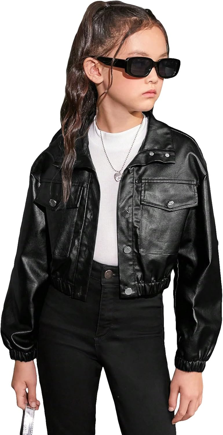 Floerns Girl's Long Sleeve PU Leather Flap Pocket Button Front Jacket Coat