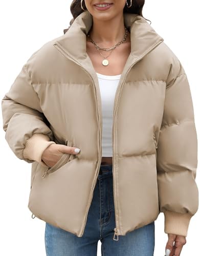 HEEKPEK Puffer Jacket Womens 2024 Winter Coats Cropped Long Sleeve Zip Puffy Quilted Jackets Stand Collar Baggy Short Coat