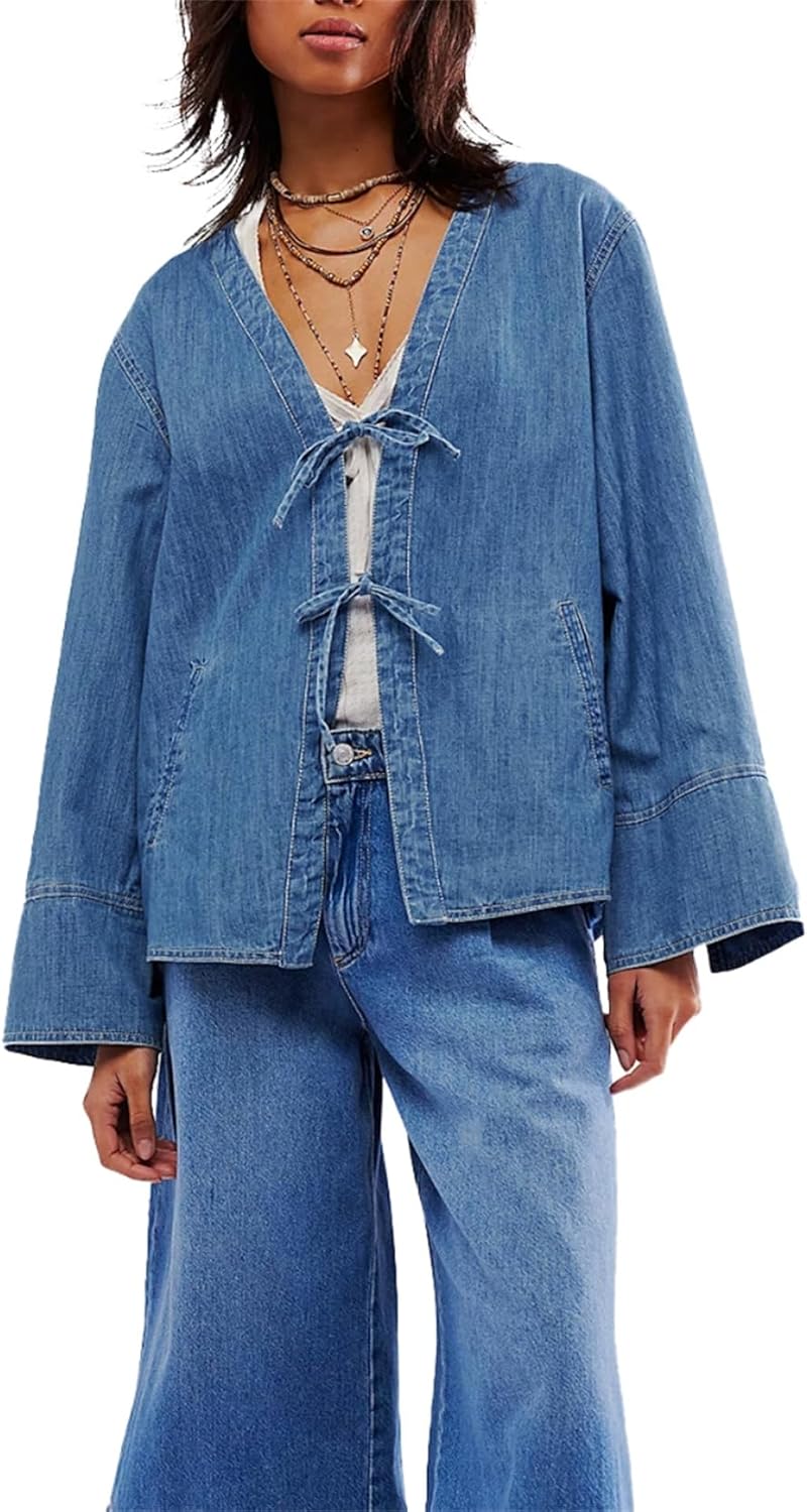 LifeShe Jean Jacket Women Tie Front Top Loose Wide Sleeve Denim Shacket Lightweight V Neck Coat 2024