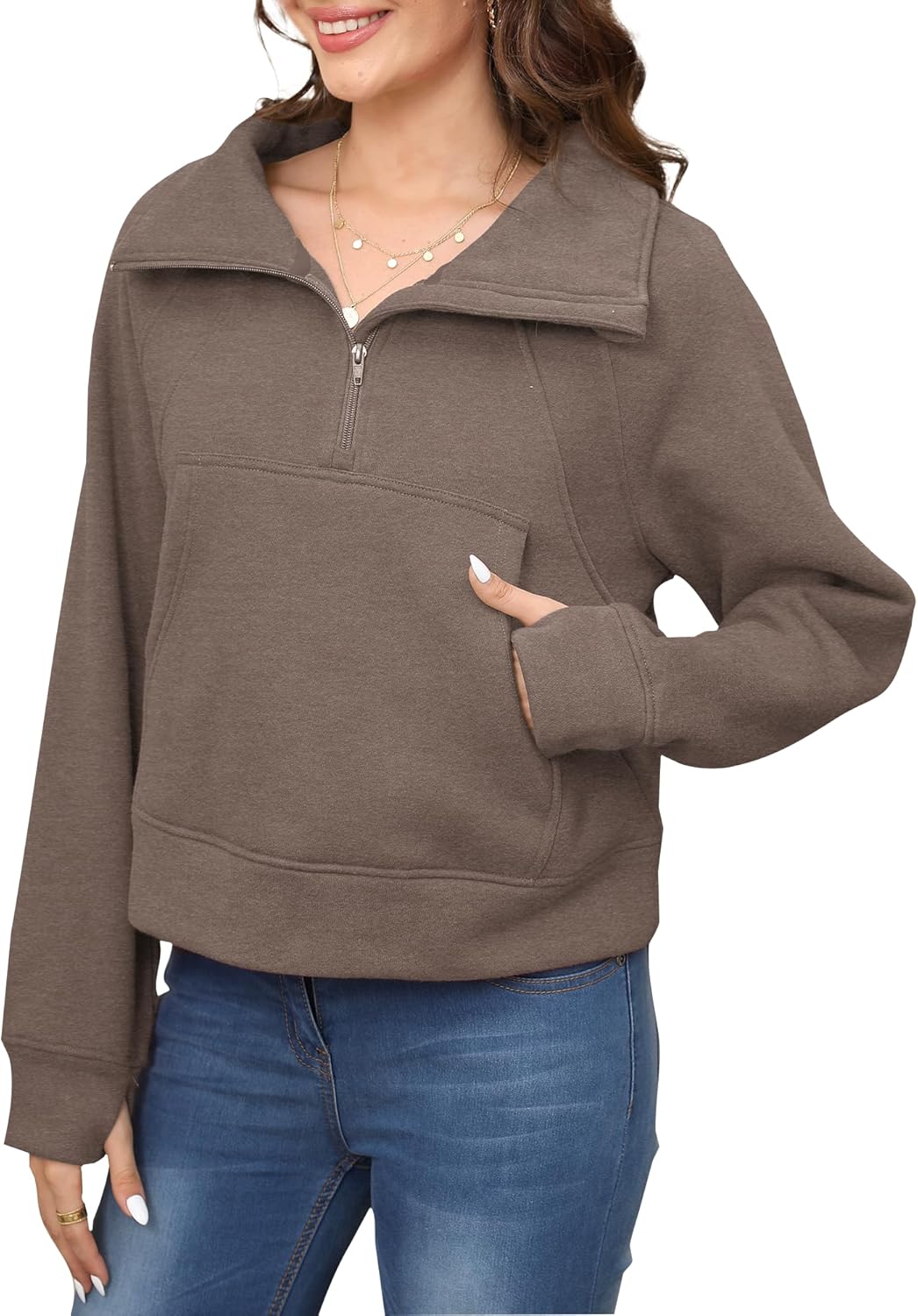 Sweaters for Women Fashion Pockets Half Zip Pullover Women Fleece Jackets Thumbhole High Necked Sweatshirt