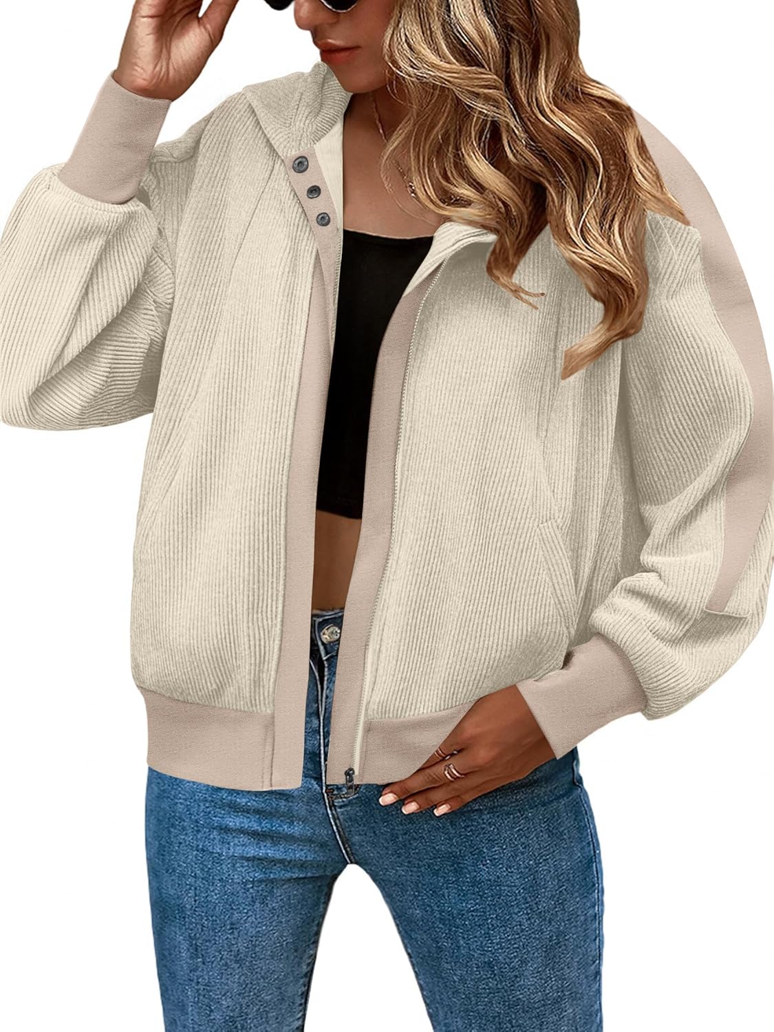 Zeagoo Womens Corduroy Knit Jackets Long Sleeve Zip Up Hoodie Jacket Slouchy Short Shackets Fall Casual Winter Clothes