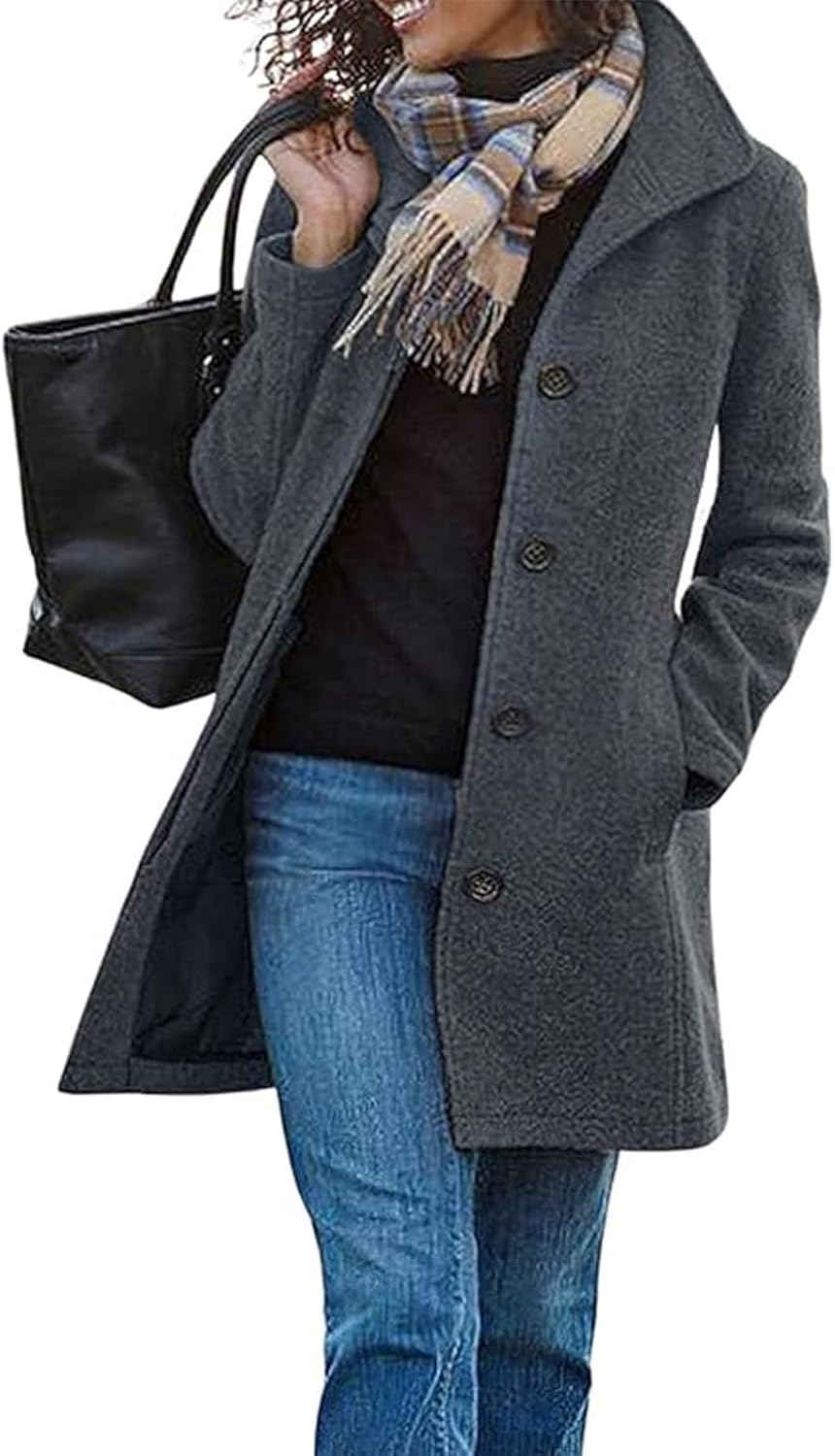 utcoco Women's Casual Thicken Single Breasted Pea Coat Stand Collar Mid Long Wool Coats with Pockets