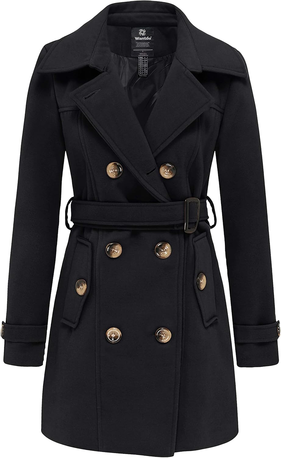wantdo Women's Double Breasted Pea Coat Winter Mid-Long Trench Coat with Belt