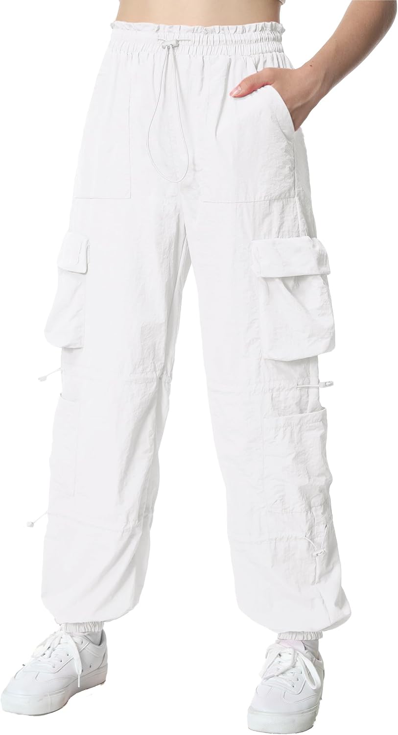 EXARUS Girls Cargo Pants Parachute Baggy Hip Hop Drawstring with Pockets Elastic for Kids 8-14Y