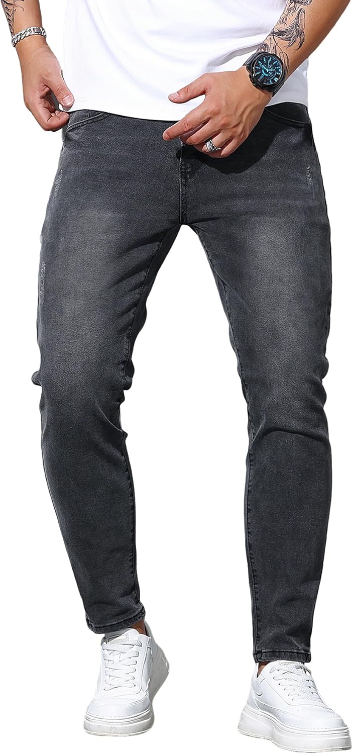 Mens Womens Lightweight Slim Fit Stretch Ripped Jeans Summer Spring Distressed Destroyed Denim Pan Skinny Jeans