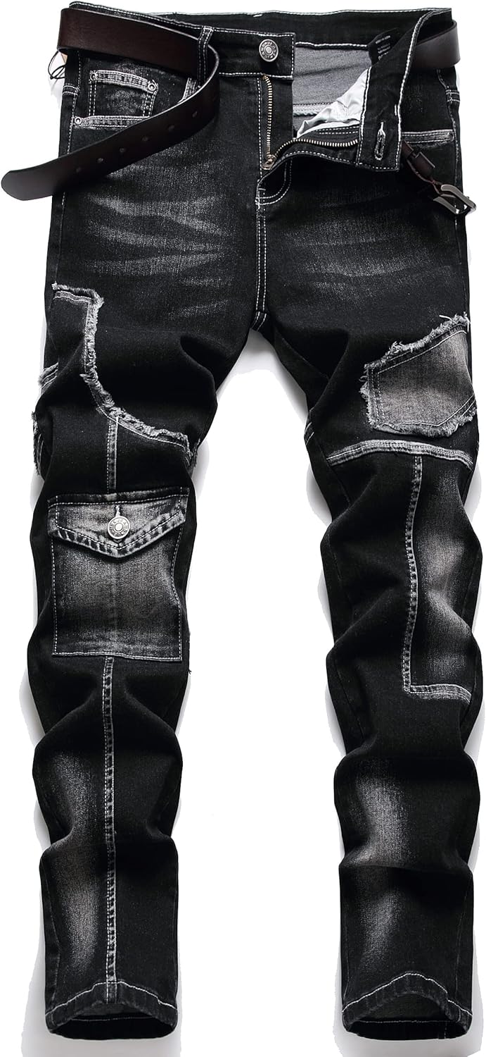 XIMXIMMTIAN Men's Biker Moto Washed Distressed Slim Fit Straight Jeans Denim…