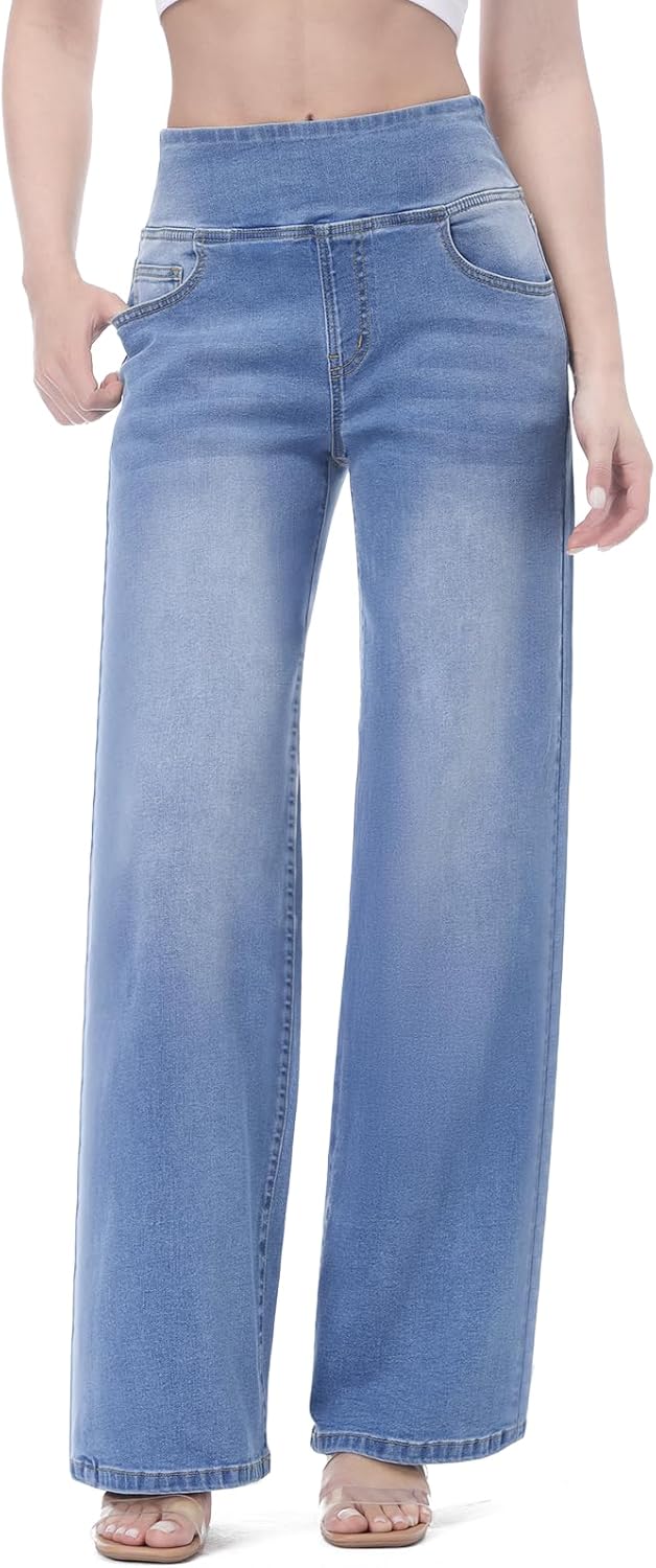 Pull on Wide Leg Jeans for Women, High Waisted Stretchy Baggy Trendy Tummy Control Straight Leg Jeans Denim Pants