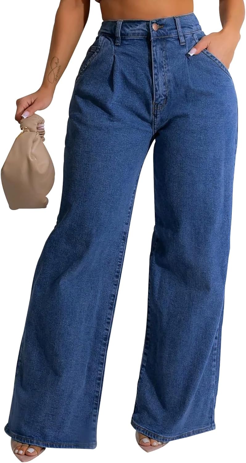 Women's Straight Leg High Waist Baggy Denim Jeans Loose Boyfriend Casual Stretchy Jeans