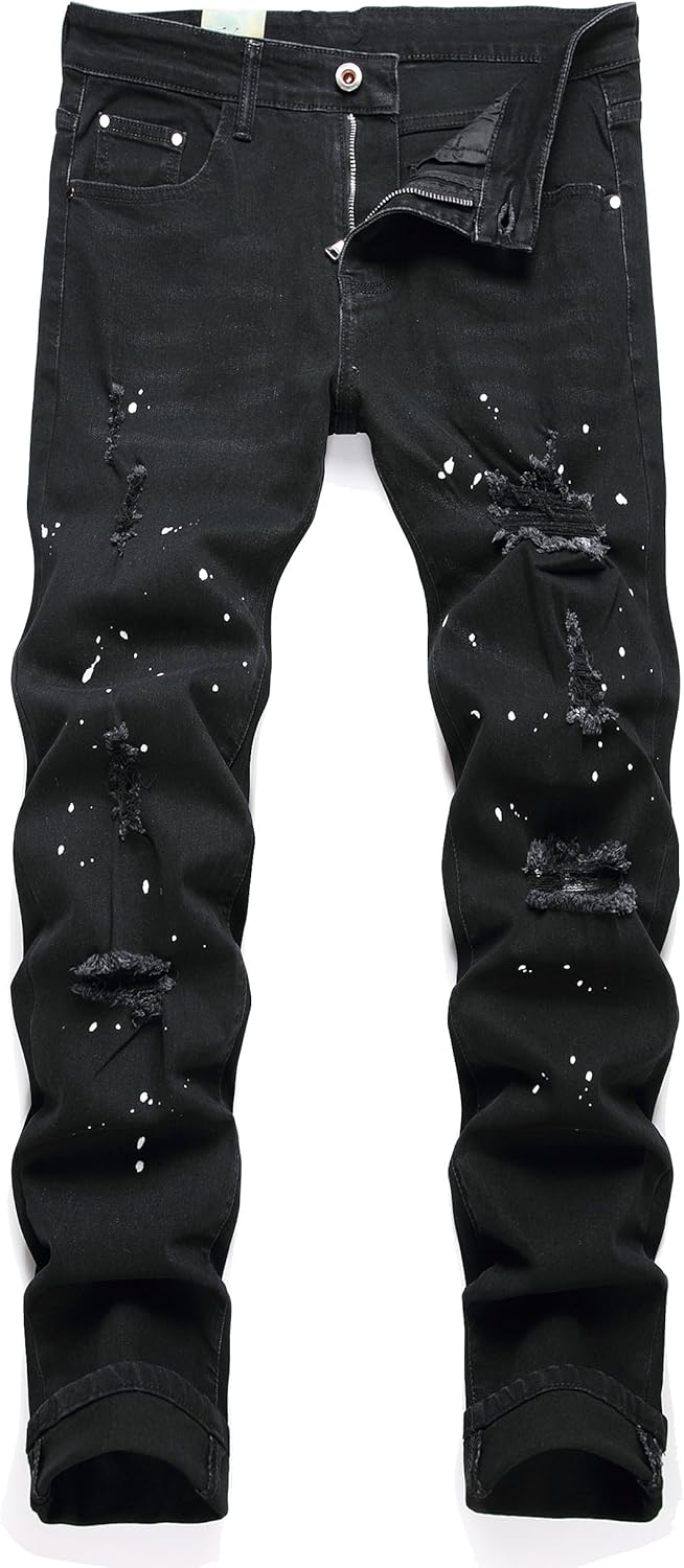 Men's Fashion Washed Perforated Elastic Slim Fit Jeans